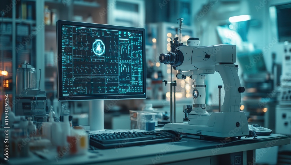 Poster laboratory equipment displaying advanced medical technology with computer screen and surgical instru