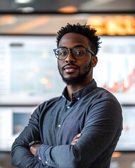 Obraz premium African-American Data Engineer with Glasses and Crossed Arms in a Professional Workspace with Technology.