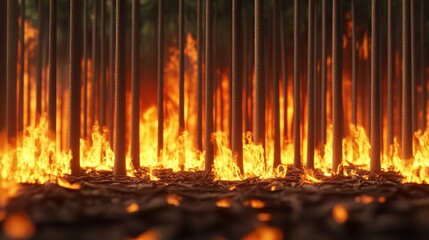 Naklejka premium A vivid scene of flames rising from the ground, surrounded by vertical poles, creating a dramatic and intense atmosphere.