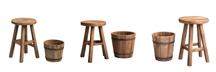 Rustic wooden stools and buckets in various sizes, perfect for farm use