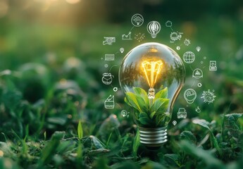 Lightbulb Surrounded by Greenery and Iconic Symbols Representing Innovation, Nature, and Sustainability in a Vibrant Outdoor Setting