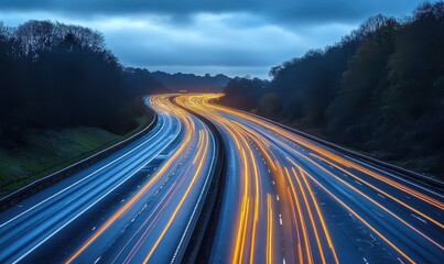 Long exposure shot of a winding highway showcasing vibrant light trails from moving vehicles under a moody sky during twilight hours