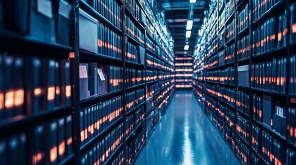 A storage rack filled with digital files symbolizes organized digital archiving and efficient technological file management.