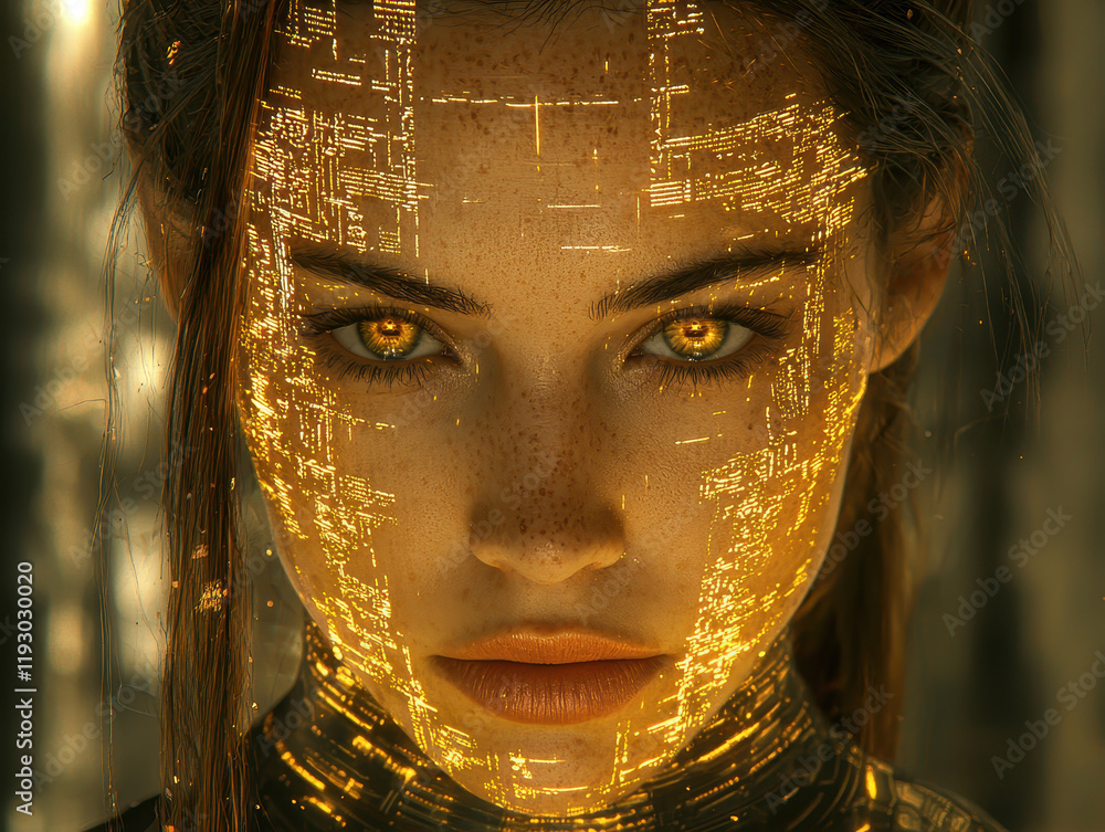 Aufkleber futuristic portrait with glowing patterns and digital elements in surreal art style
