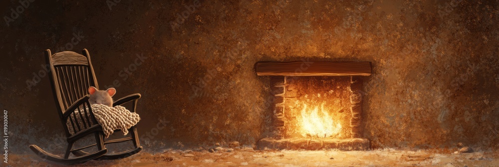 Aufkleber cozy mouse relaxing in a rocking chair by the glowing fireplace in a warm, rustic setting. generativ