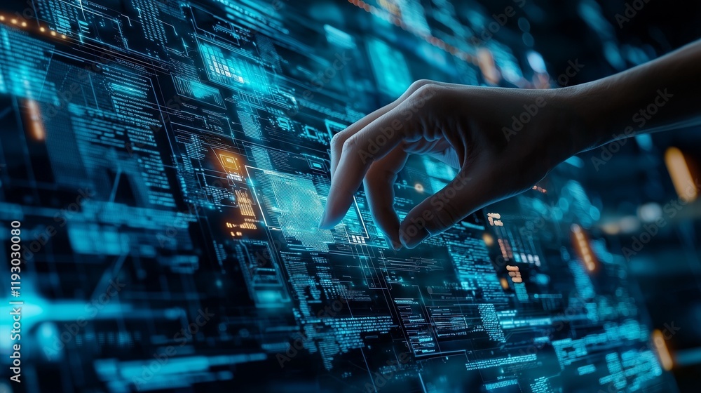 Poster a hand interacts with a digital interface, symbolizing advanced file management and digital archivin