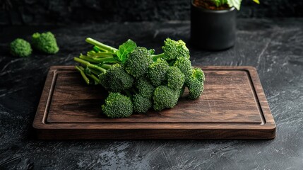 A fresh bunch of broccoli placed on a dark wooden cutting board.