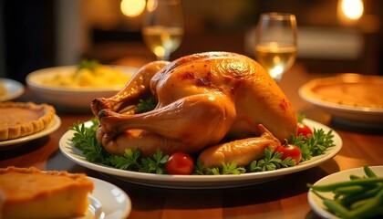 Delicious roast chicken on a set table with white wine
