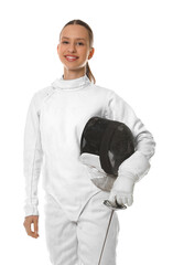 Smiling fencer with protective mask and epee on white background