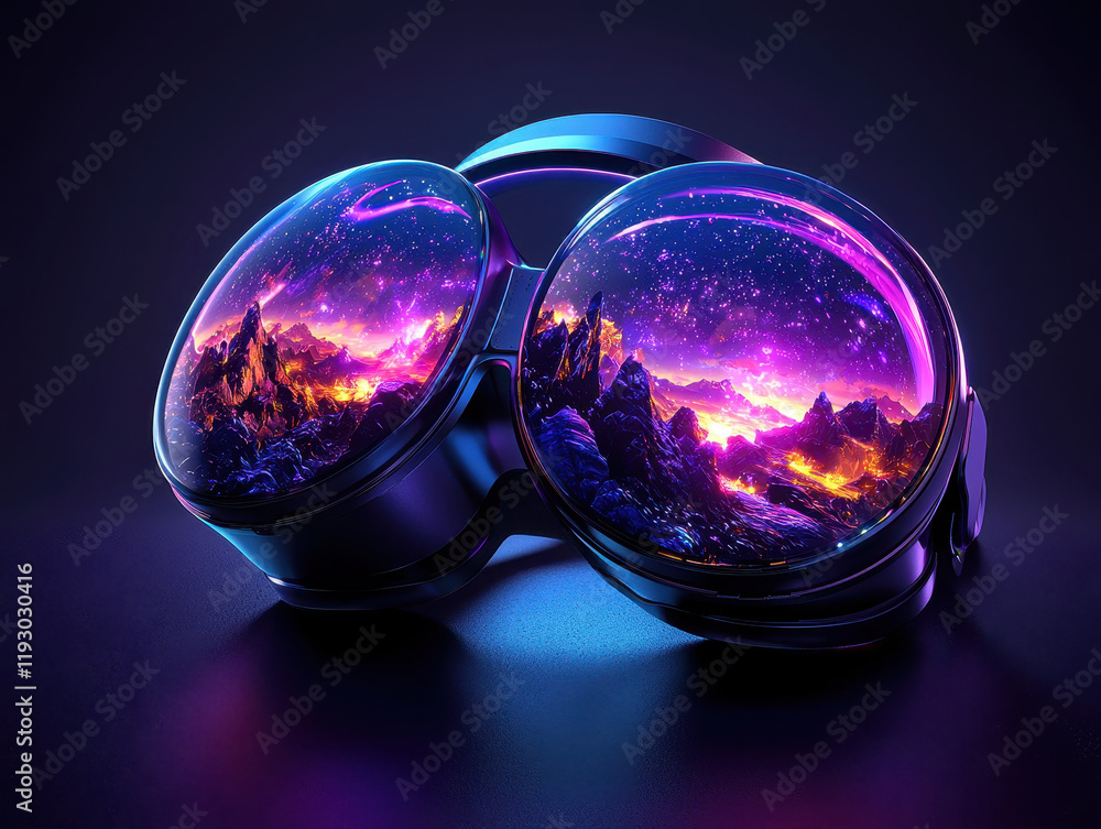 Poster high-tech virtual reality gaming setup with immersive glowing goggles and vibrant environments