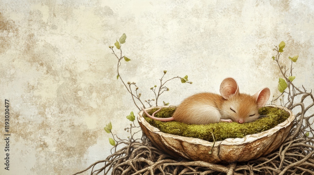 Poster a small mouse peacefully sleeping in a nest made of twigs and moss on a textured background. generat