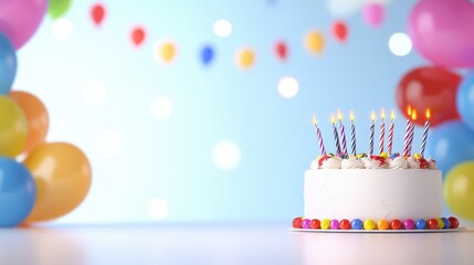 Birthday cake with candles on a colorful table setup for a vibrant birthday party celebration