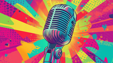 Obraz premium Pop art Microphone. Colorful background in pop art retro comic style. 