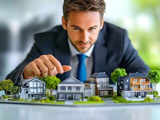Real estate agent selecting property model with miniature houses concept for home buying investment