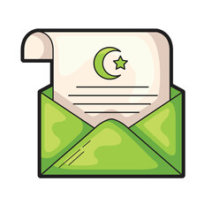 Green envelope with a paper crescent moon and star message suitable for invitations, cards, stationery, celestial themed designs, holiday greetings