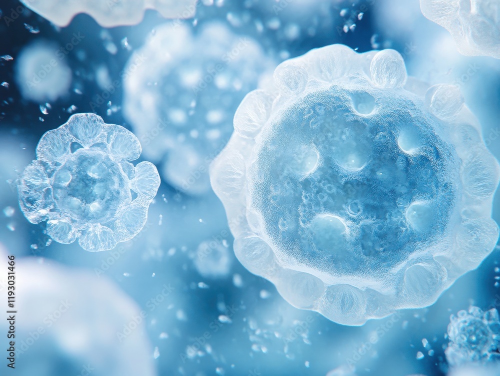 Aufkleber magnified view of microorganisms and cells in blue environment with bubbling particles illustrating 