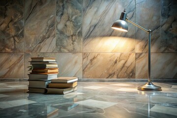 A calm marble floor with a few scattered books and a reading lamp sits in the center, minimalist, marble floor, elegant, peaceful
