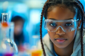 African-American teenage girl conducting science experiment in lab