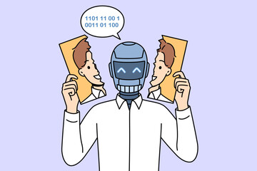 Robot pretends to be human, hiding its face behind photograph, for dystopia about replacing people with cyborgs. Humanoid robot in business clothes uses mask to simulate professional activities