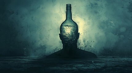 Silhouette of a head with a bottle symbolizes the struggle of alcohol addiction.