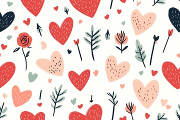 A charming seamless pattern featuring hand-drawn red, peach, and teal hearts with whimsical black leaves and twigs.