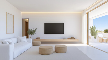 Fototapeta premium Modern Minimalist Living Room: A serene and stylish living room features a minimalist design with a white sofa, light wood accents, and a large flat-screen TV.