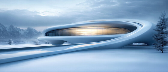 Obraz premium Futuristic building with curved design in snowy landscape and mountain backdrop