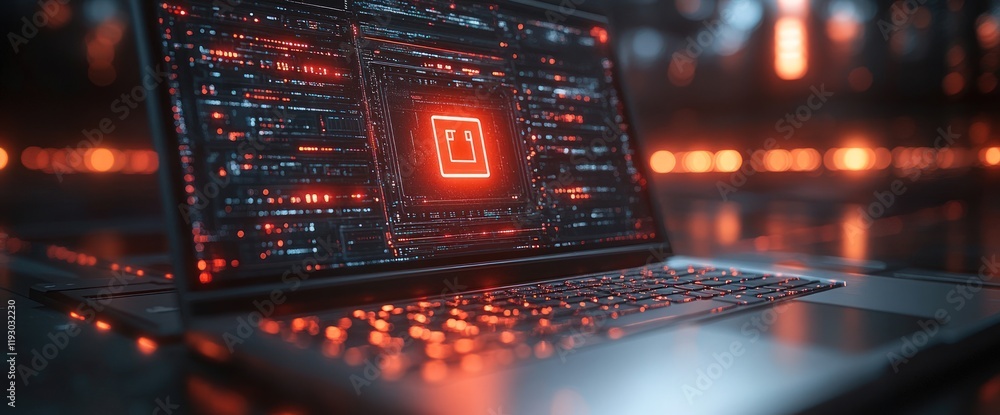 Poster laptop screen displays glowing red code with upload icon.