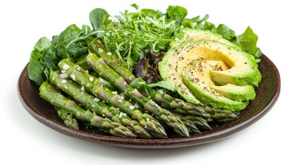 A fresh asparagus salad with mixed greens, avocado slices, and a vinaigrette dressing.