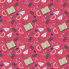 Seamless pattern featuring school supplies like scissors, books, pencils, paper planes, and erasers. Perfect for wrapping, stationery, fabric, and back-to-school projects, scrapbooking, textile.