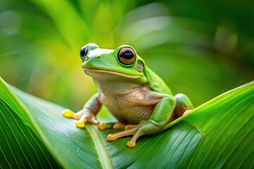 Fototapeta premium A close-up shot of a green-colored frog sitting on a large leaf, wildlife, amphibian, forest floor, organic, animal life