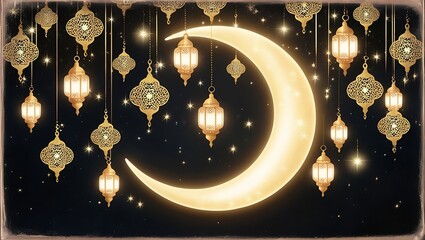 Arabic traditional Ramadan Kareem eastern lanterns garland. Muslim ornamental hanging golden lanterns, stars and moon vector illustration. Islamic oriental