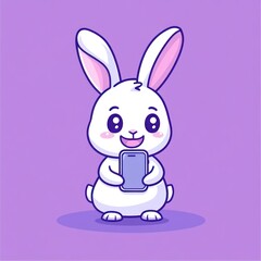 Cute bunny using smartphone, purple background, digital illustration, children's book