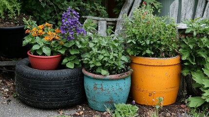Naklejka premium Vibrant planters featuring colorful flowers in a charming outdoor setting.