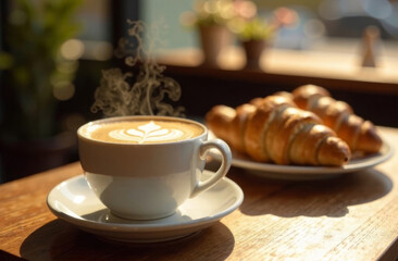 Breakfast morning cup of hot cappuccino with croissants on the cafe table across from the window
