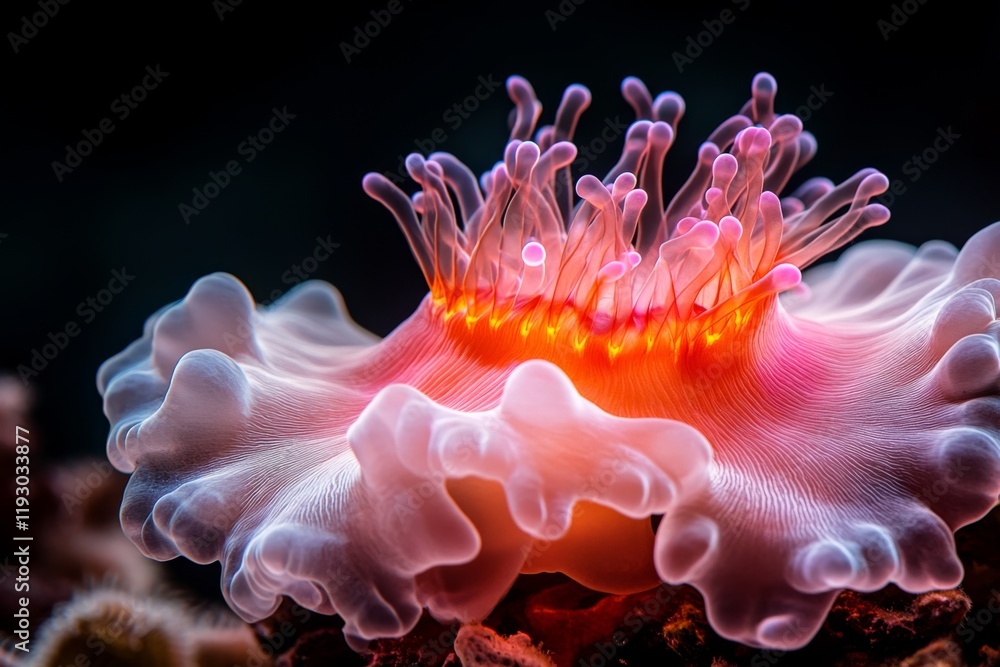 Poster a 3d-rendered isolated coral polyp glowing under uv light, with intricate fluorescent patterns and v