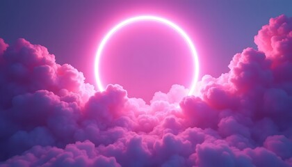 Pink Neon Ring Above Dreamy Cloudscape: A Surreal, Vaporwave Artwork