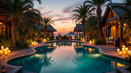 Fototapeta premium outdoor swimming pool at sunset resort