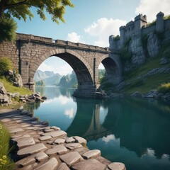 Fototapeta premium A majestic stone bridge spanning over the lake in front of the fortress, Belgrade, fortifications, bridge