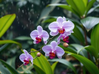 Naklejka premium A cluster of exquisite orchids blooms together in a beautiful arrangement amidst the lush foliage of a tropical garden on a rainy morning, blooming flowers, botanicals