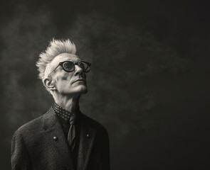 Stylish black and white portrait of an elderly man with spiky hair, wearing glasses and a textured suit. A bold and artistic image perfect for fashion, creativity, or character studies.