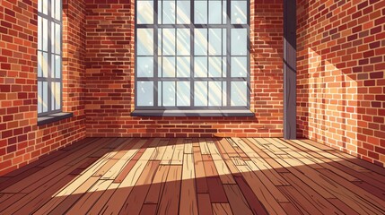 Minimalistic Empty Room with Distressed Brick Wall and Wooden Floor Cartoon Vector Illustration