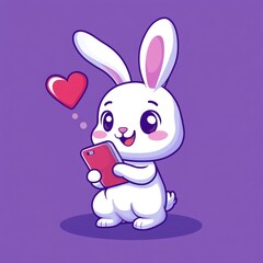 Obraz premium Cute bunny using phone, purple background, sending love