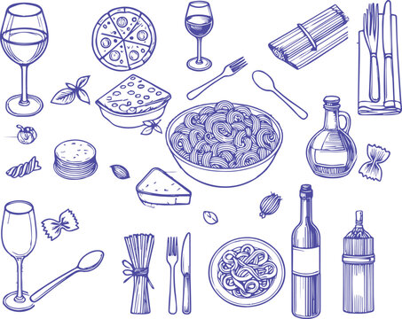 Italian homemade pasta retro vintage doodle drawing. Family dinner, picnic, breakfast or supper with wine, macaroni and snacks. Dolce vita table setting drawings for cafe or restaurant menus design