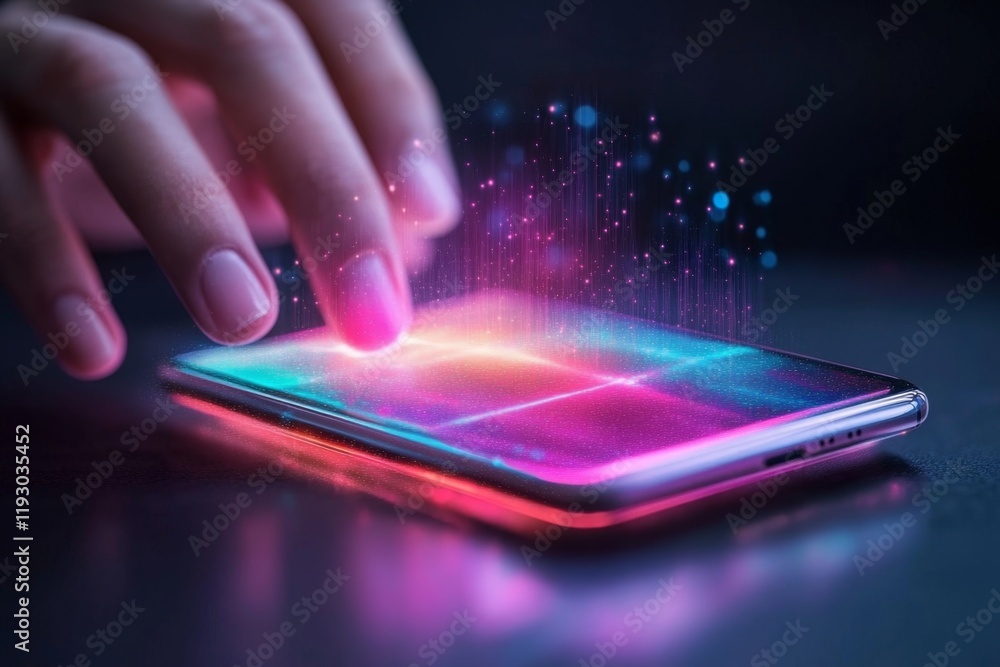 Poster a uv light sanitizing a smartphone, with its surface glowing faintly under the powerful rays