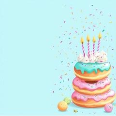 Festive birthday cake made of donuts with colorful candles party setting dessert photography cheerful atmosphere top-down view celebration concept