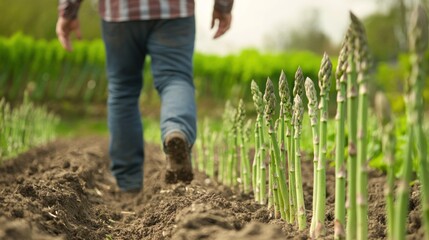 A farmer walking through an asparagus field, checking the growth of the plants.