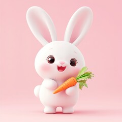 Obraz premium Cute bunny holding carrot, pink background, Easter card