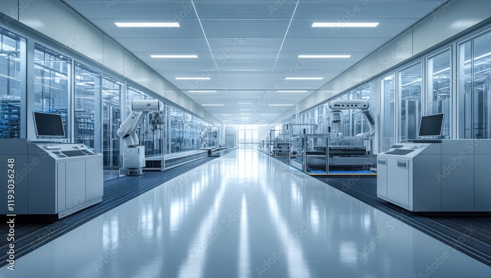 Poster modern automated manufacturing facility interior with robotic arms and advanced machinery for effici