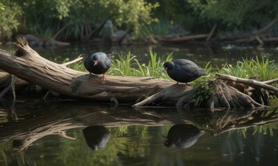 A coot resting on a fallen branch in the pond, bird perched, winter bird
